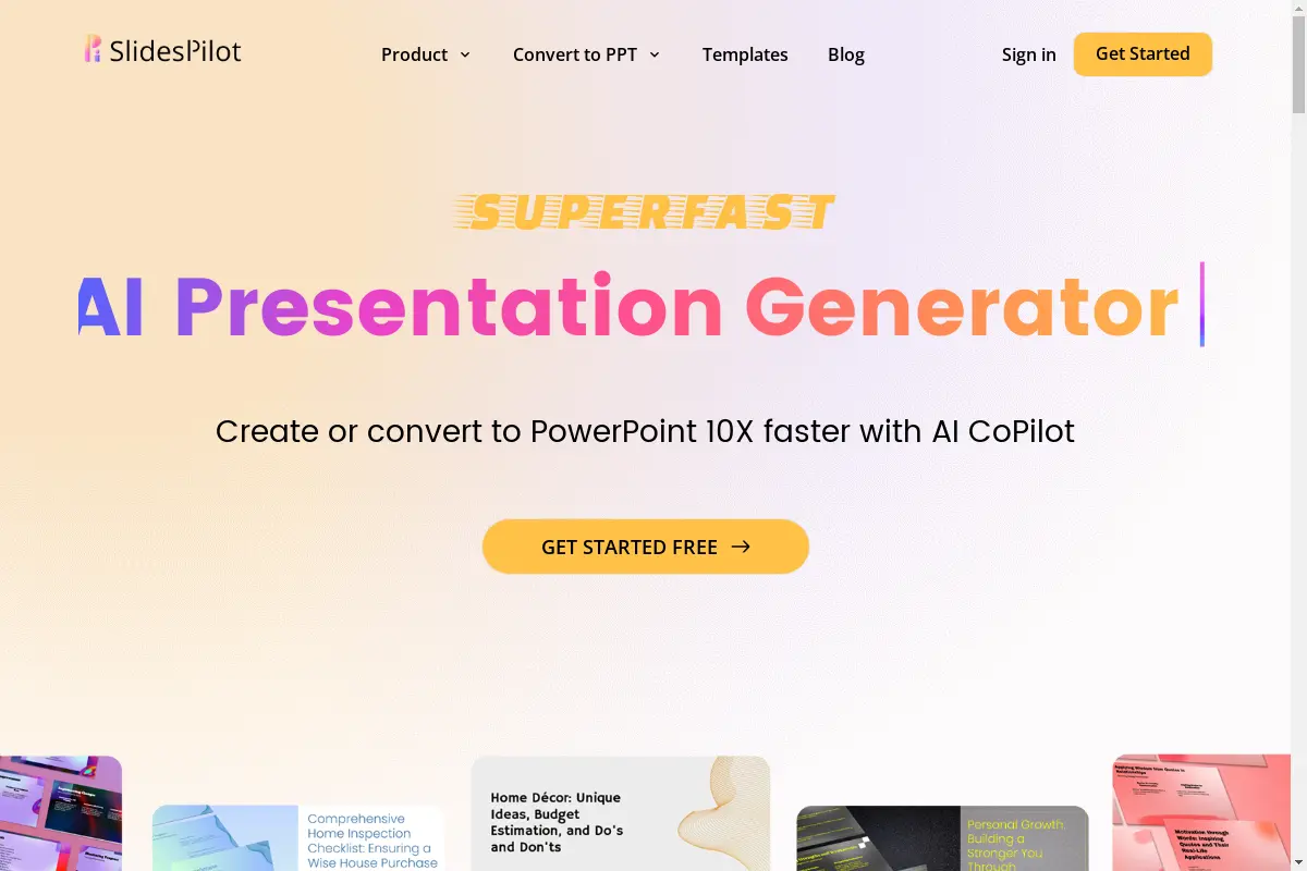 AI Presentation Generator - PPT Maker, AI Image & Copilot, PDF & Word to PPT, Free PowerPoint & Google Slides Templates | SlidesPilot